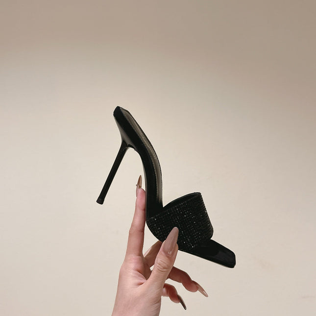 YSL 25S HEELED SANDALS 100 MM IN BLACK LAMBSKIN WITH RHINESTONE-EMBELLISHED STRAP