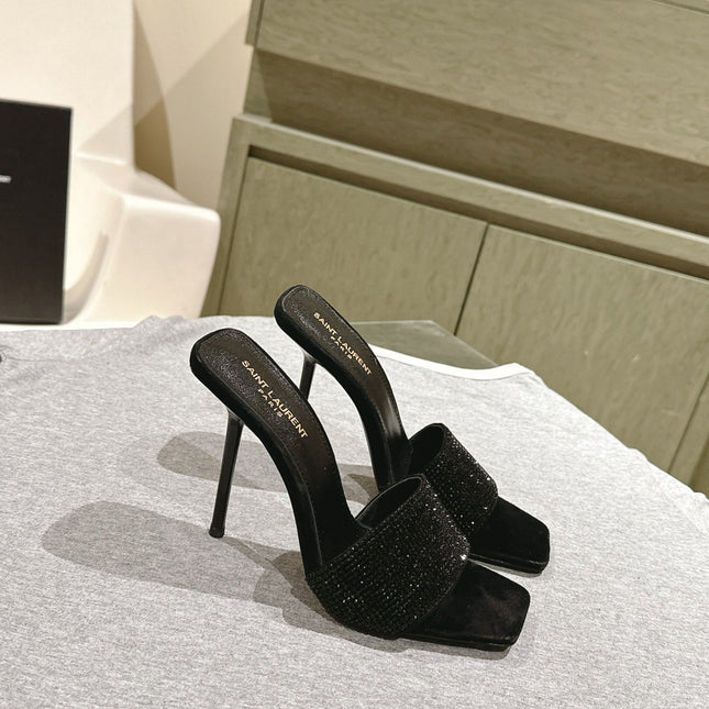 YSL 25S HEELED SANDALS 100 MM IN BLACK LAMBSKIN WITH RHINESTONE-EMBELLISHED STRAP