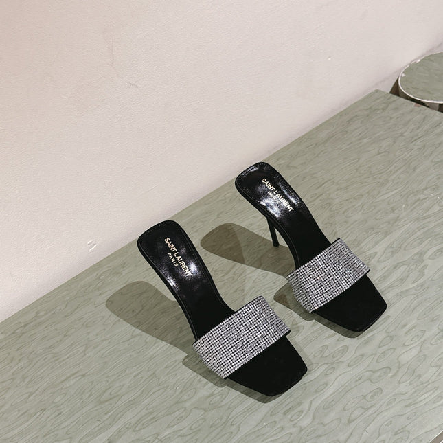 YSL 25S HEELED SANDALS 100 MM IN BLACK LAMBSKIN WITH WHITE RHINESTONE-EMBELLISHED STRAP