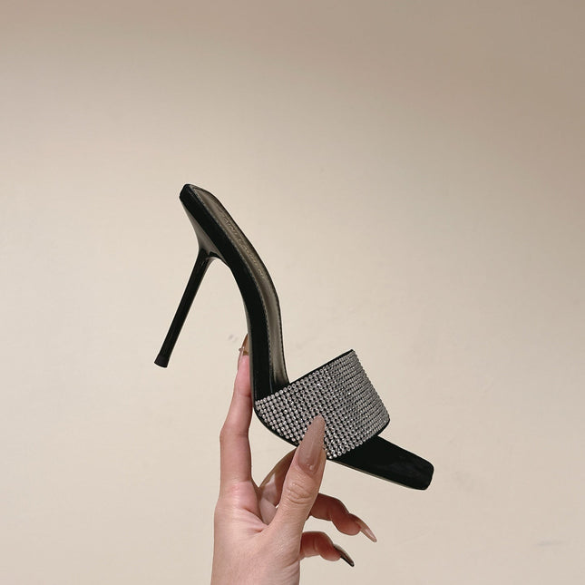 YSL 25S HEELED SANDALS 100 MM IN BLACK LAMBSKIN WITH WHITE RHINESTONE-EMBELLISHED STRAP