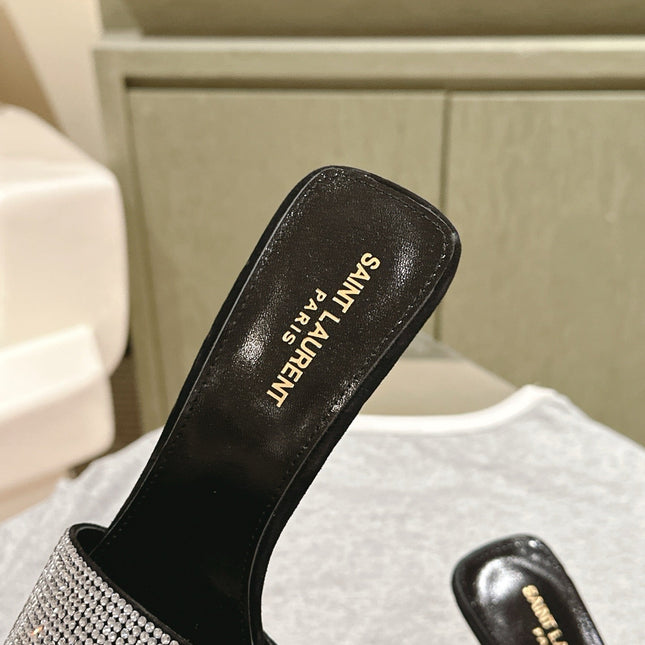 YSL 25S HEELED SANDALS 100 MM IN BLACK LAMBSKIN WITH WHITE RHINESTONE-EMBELLISHED STRAP