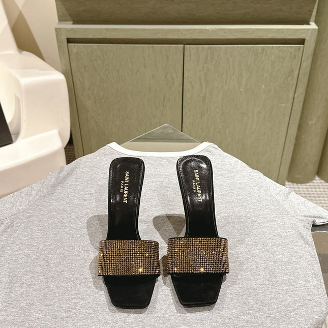 YSL 25S HEELED SANDALS 100 MM IN BLACK LAMBSKIN WITH GOLD RHINESTONE-EMBELLISHED STRAP