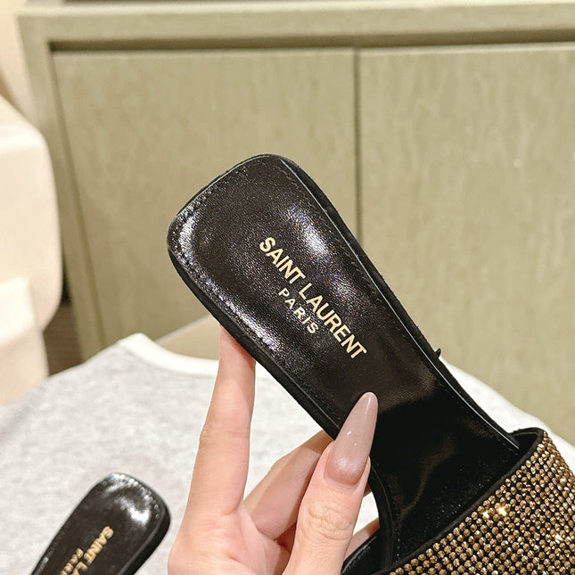 YSL 25S HEELED SANDALS 100 MM IN BLACK LAMBSKIN WITH GOLD RHINESTONE-EMBELLISHED STRAP