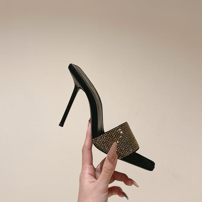 YSL 25S HEELED SANDALS 100 MM IN BLACK LAMBSKIN WITH GOLD RHINESTONE-EMBELLISHED STRAP