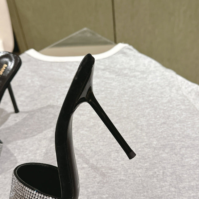 YSL 25S HEELED SANDALS 100 MM IN BLACK LAMBSKIN WITH WHITE RHINESTONE-EMBELLISHED STRAP