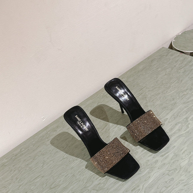 YSL 25S HEELED SANDALS 100 MM IN BLACK LAMBSKIN WITH GOLD RHINESTONE-EMBELLISHED STRAP