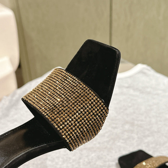 YSL 25S HEELED SANDALS 100 MM IN BLACK LAMBSKIN WITH GOLD RHINESTONE-EMBELLISHED STRAP