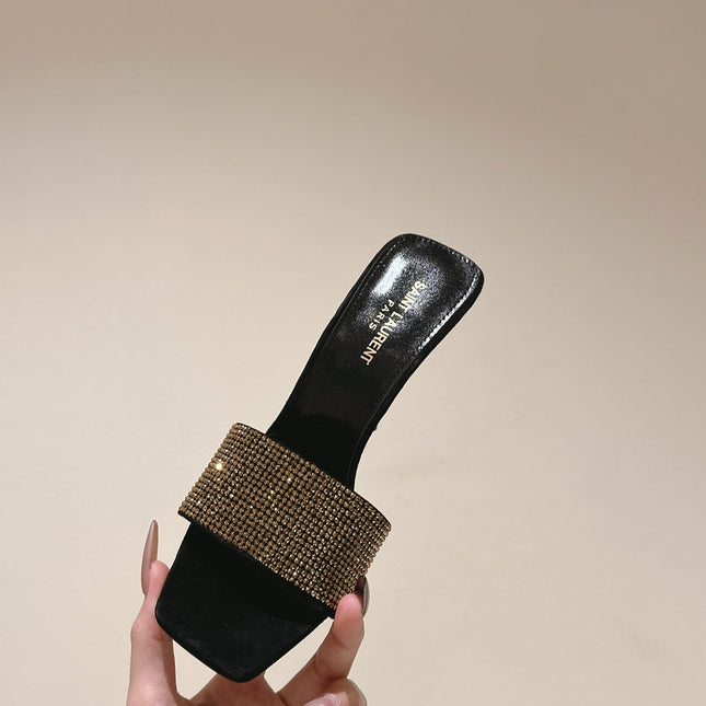 YSL 25S HEELED SANDALS 100 MM IN BLACK LAMBSKIN WITH GOLD RHINESTONE-EMBELLISHED STRAP