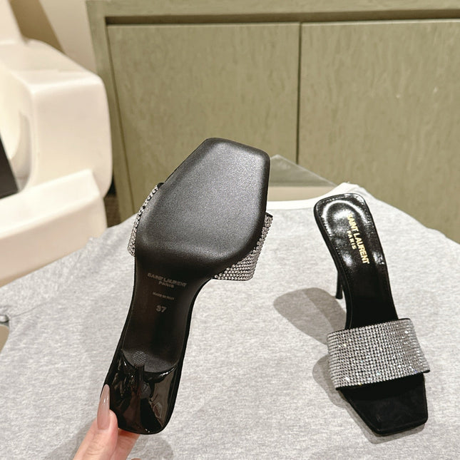 YSL 25S HEELED SANDALS 100 MM IN BLACK LAMBSKIN WITH WHITE RHINESTONE-EMBELLISHED STRAP