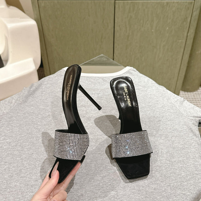 YSL 25S HEELED SANDALS 100 MM IN BLACK LAMBSKIN WITH WHITE RHINESTONE-EMBELLISHED STRAP