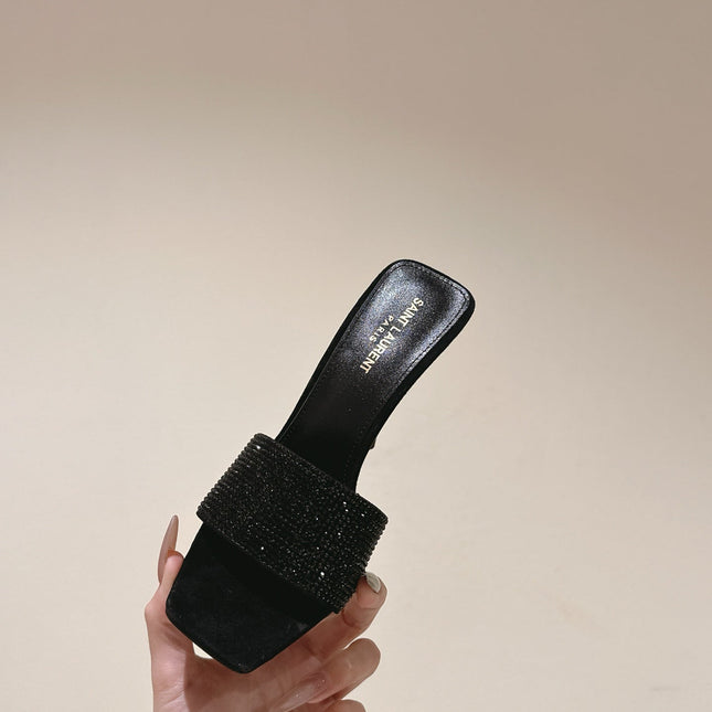 YSL 25S HEELED SANDALS 100 MM IN BLACK LAMBSKIN WITH RHINESTONE-EMBELLISHED STRAP