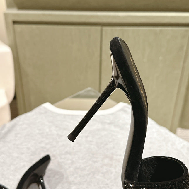 YSL 25S HEELED SANDALS 100 MM IN BLACK LAMBSKIN WITH RHINESTONE-EMBELLISHED STRAP