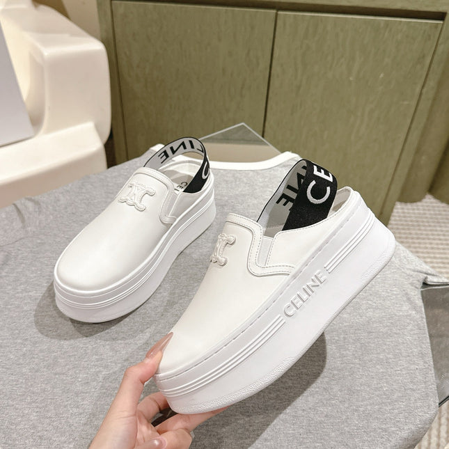 THICK-SOLED ELASTIC BACKLESS SHOES WHITE SHINY CALFSKIN