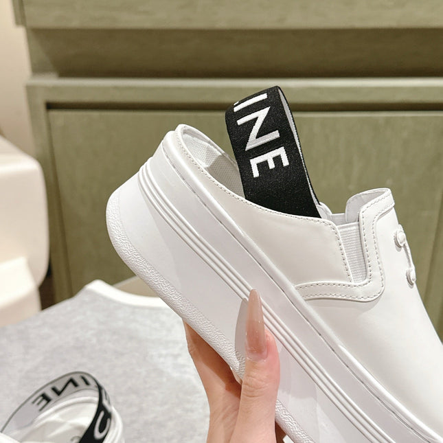 THICK-SOLED ELASTIC BACKLESS SHOES WHITE SHINY CALFSKIN