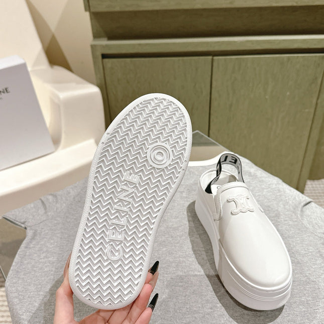 THICK-SOLED ELASTIC BACKLESS SHOES WHITE SHINY CALFSKIN