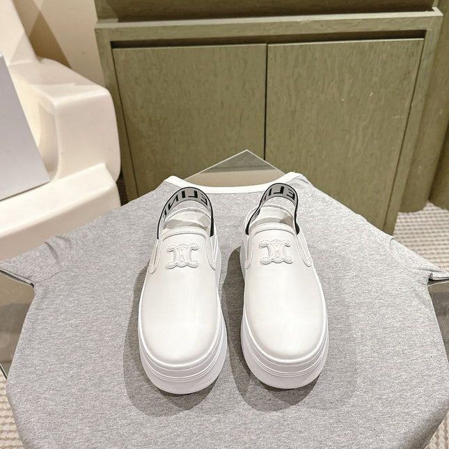 THICK-SOLED ELASTIC BACKLESS SHOES WHITE SHINY CALFSKIN