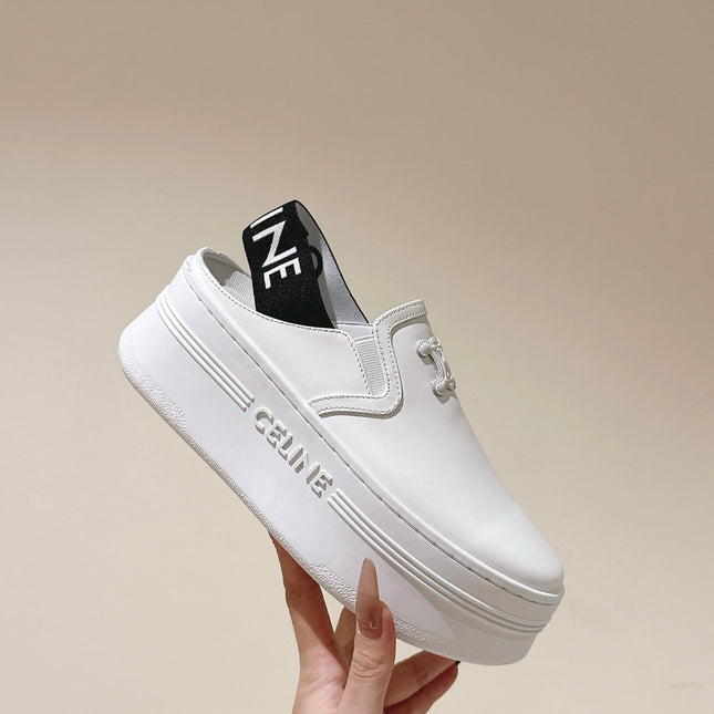 THICK-SOLED ELASTIC BACKLESS SHOES WHITE SHINY CALFSKIN