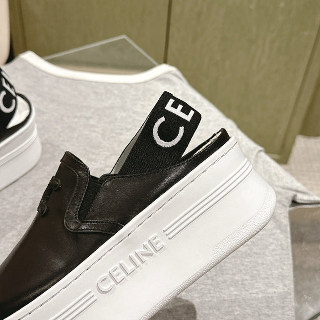 THICK-SOLED ELASTIC BACKLESS SHOES BLACK SHINY CALFSKIN