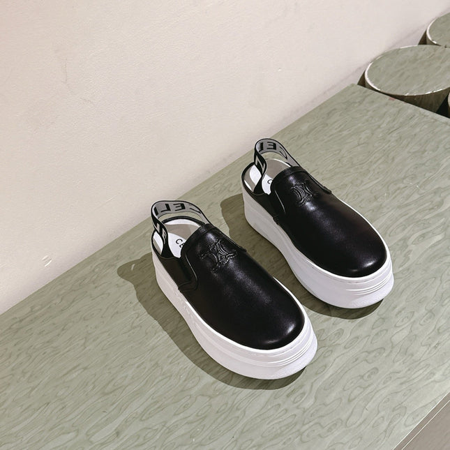 THICK-SOLED ELASTIC BACKLESS SHOES BLACK SHINY CALFSKIN