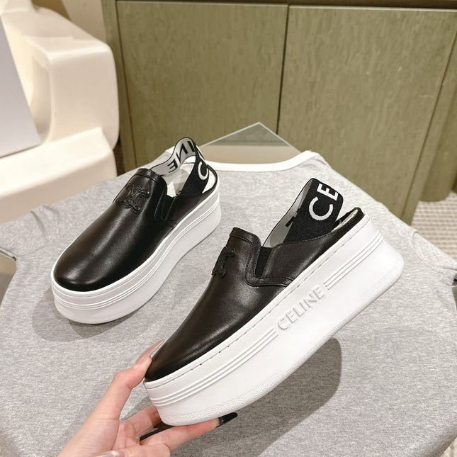 THICK-SOLED ELASTIC BACKLESS SHOES BLACK SHINY CALFSKIN