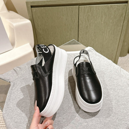THICK-SOLED ELASTIC BACKLESS SHOES BLACK SHINY CALFSKIN