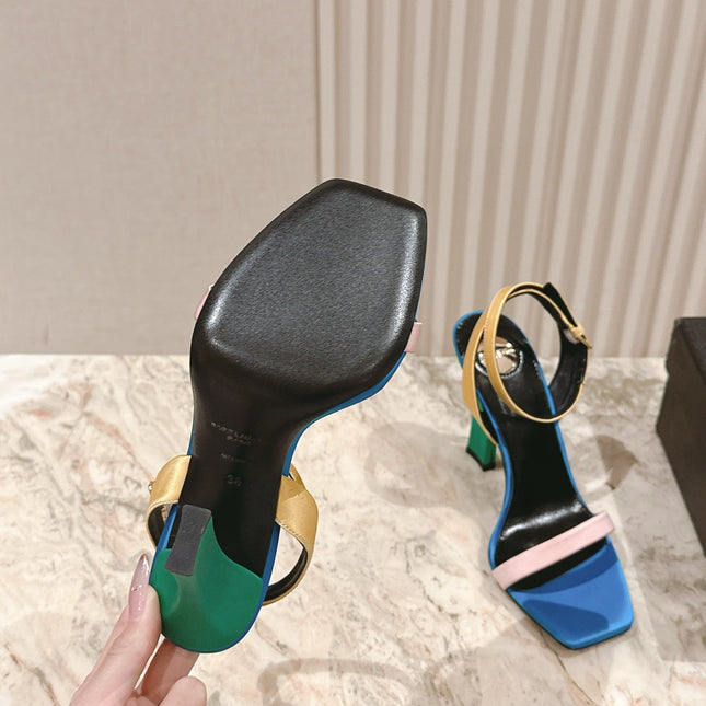 YSL 25S HIGH-HEEL SANDALS 100 MM IN MULTICOLOR SATIN STYLE 2