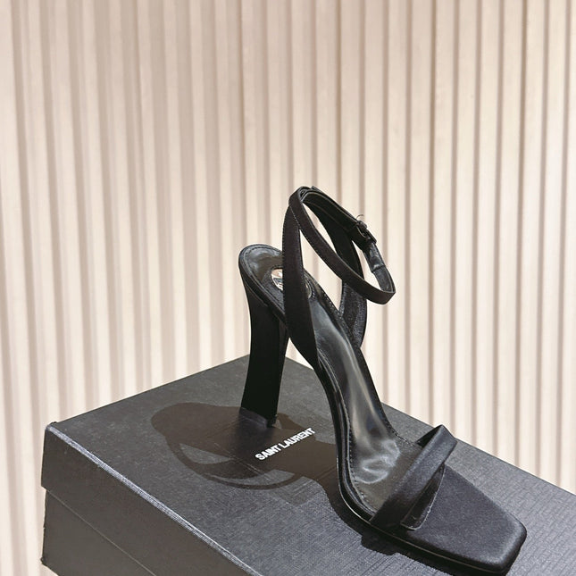 YSL 25S HIGH-HEEL SANDALS 100 MM IN BLACK SATIN
