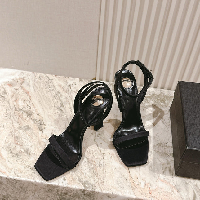 YSL 25S HIGH-HEEL SANDALS 100 MM IN BLACK SATIN