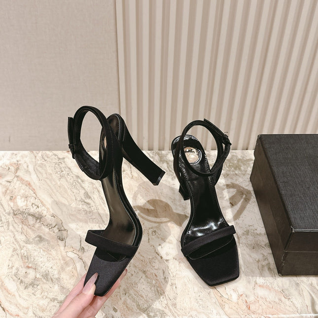 YSL 25S HIGH-HEEL SANDALS 100 MM IN BLACK SATIN
