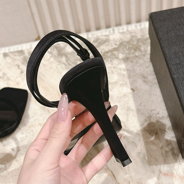 YSL 25S HIGH-HEEL SANDALS 100 MM IN BLACK SATIN