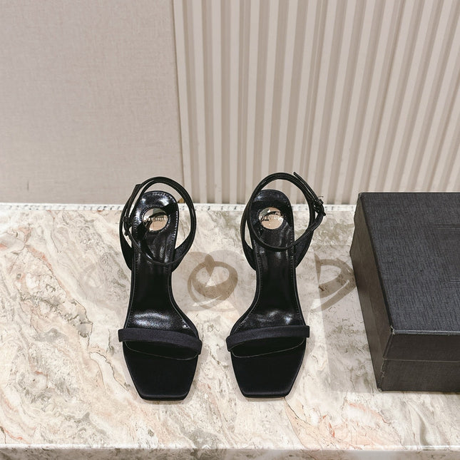 YSL 25S HIGH-HEEL SANDALS 100 MM IN BLACK SATIN