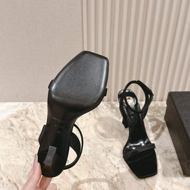 YSL 25S HIGH-HEEL SANDALS 100 MM IN BLACK SATIN