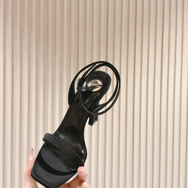 YSL 25S HIGH-HEEL SANDALS 100 MM IN BLACK SATIN