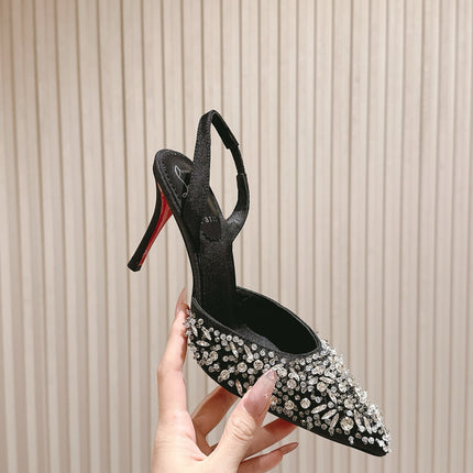 EMBELLISHED QUEENISSIMA SLINGBACK PUMPS 95MM IN BLACK GLITTER CALFSKIN