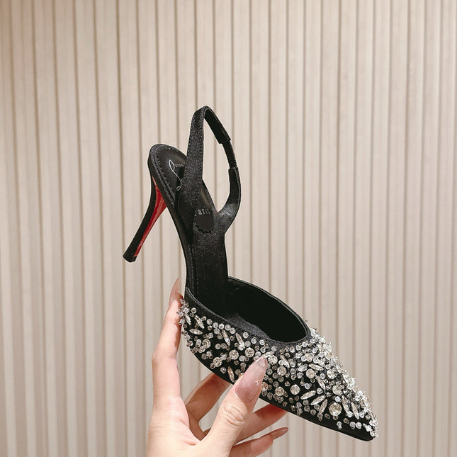 EMBELLISHED QUEENISSIMA SLINGBACK PUMPS 95MM IN BLACK GLITTER CALFSKIN