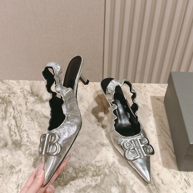 BALENCIAGA 25S HIGH SLINGBACK 45 MM IN SILVER LAMBSKIN WITH SILVER HARDWARE