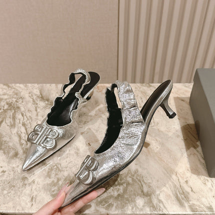 BALENCIAGA 25S HIGH SLINGBACK 45 MM IN SILVER LAMBSKIN WITH SILVER HARDWARE