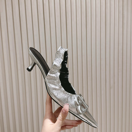 BALENCIAGA 25S HIGH SLINGBACK 45 MM IN SILVER LAMBSKIN WITH SILVER HARDWARE