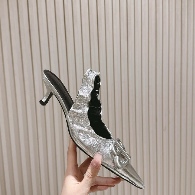 BALENCIAGA 25S HIGH SLINGBACK 45 MM IN SILVER LAMBSKIN WITH SILVER HARDWARE