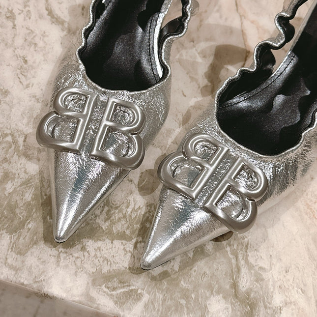 BALENCIAGA 25S HIGH SLINGBACK 45 MM IN SILVER LAMBSKIN WITH SILVER HARDWARE