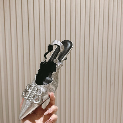 BALENCIAGA 25S HIGH SLINGBACK 45 MM IN SILVER LAMBSKIN WITH SILVER HARDWARE