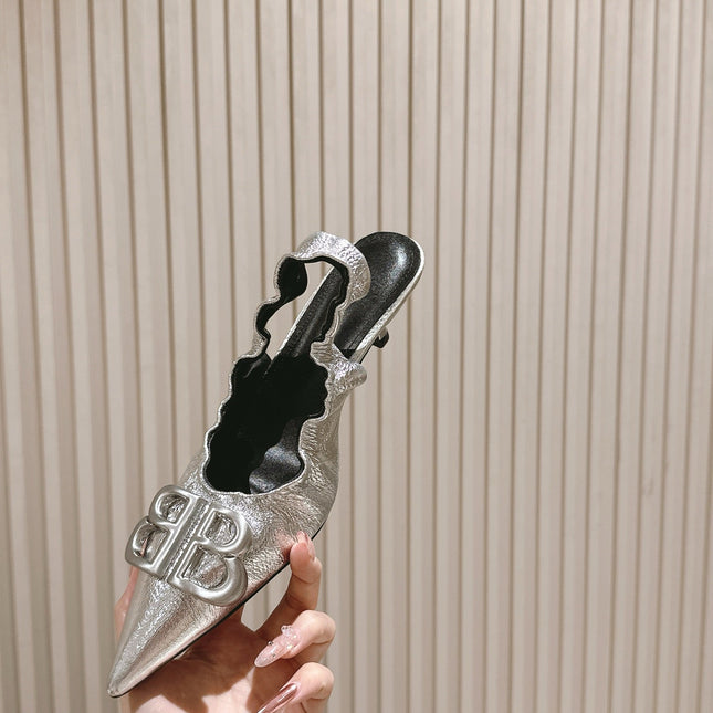 BALENCIAGA 25S HIGH SLINGBACK 45 MM IN SILVER LAMBSKIN WITH SILVER HARDWARE