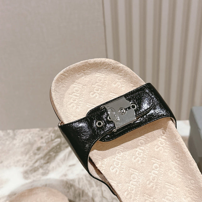 BALENCIAGA 25S SCHOLL SLIDES IN BLACK PU LEATHER WITH SILVER HARDWARE