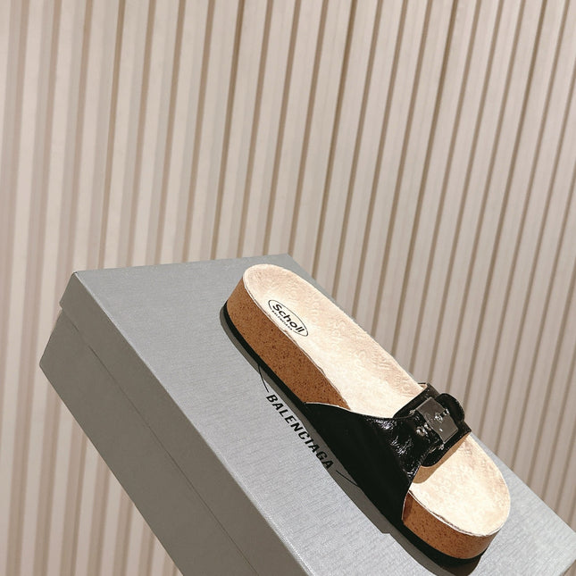 BALENCIAGA 25S SCHOLL SLIDES IN BLACK PU LEATHER WITH SILVER HARDWARE