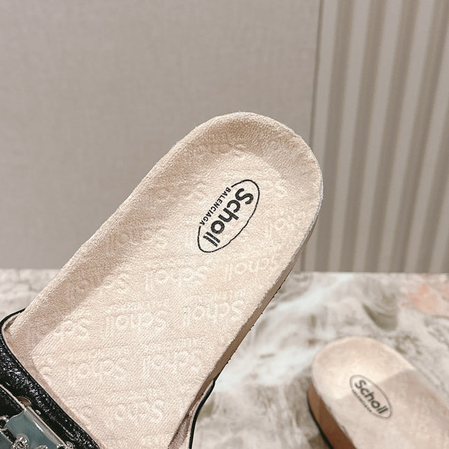 BALENCIAGA 25S SCHOLL SLIDES IN BLACK PU LEATHER WITH SILVER HARDWARE