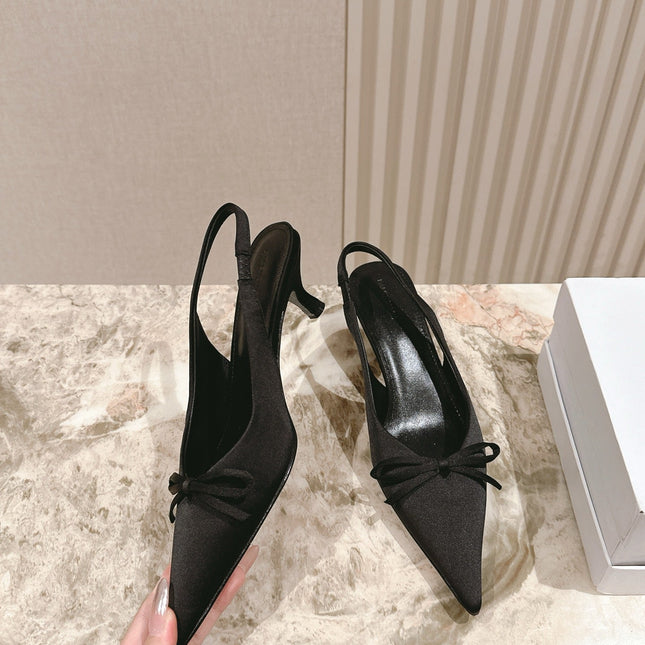 BALENCIAGA 25S HIGH SLINGBACK IN BLACK SATIN WITH SMALL BOW