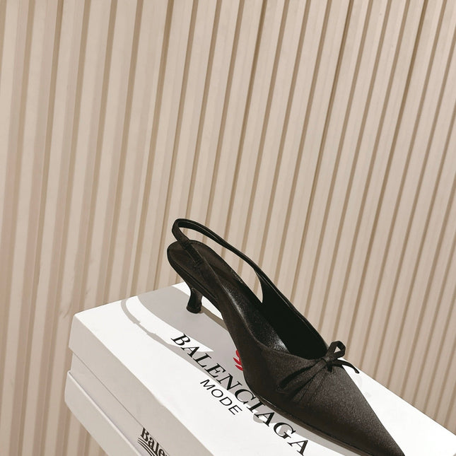 BALENCIAGA 25S HIGH SLINGBACK IN BLACK SATIN WITH SMALL BOW