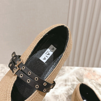 ALAIA MARY JANE 25S IN BEIGE RAFFIA AND BLACK LAMBSKIN WITH SILVER HARDWARE