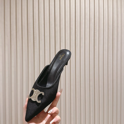 CELINE 25S ALMA TRIOMPHE MULE 45MM IN BLACK DENIM SILVER HARDWARE