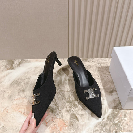 CELINE 25S ALMA TRIOMPHE MULE 45MM IN BLACK DENIM SILVER HARDWARE